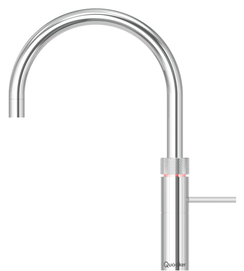 Quooker Fusion Round boiling-water tap in polished chrome, with its knurled ring and red boiling-water light